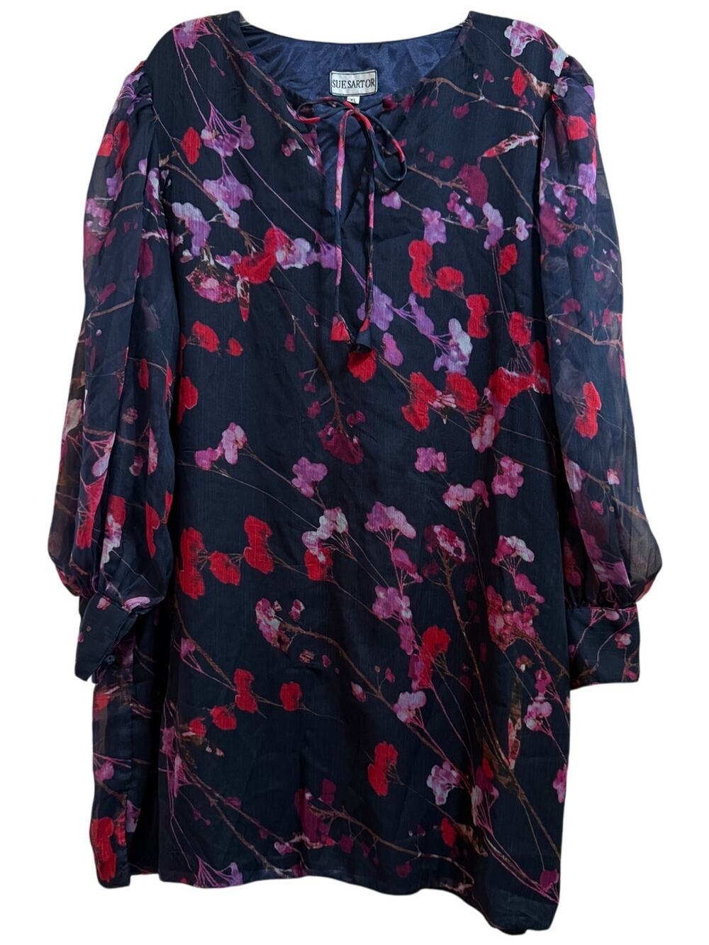 Vintage Sue Sartor Black & Red Floral Sheer Long Sleeve Mini Dress - XL